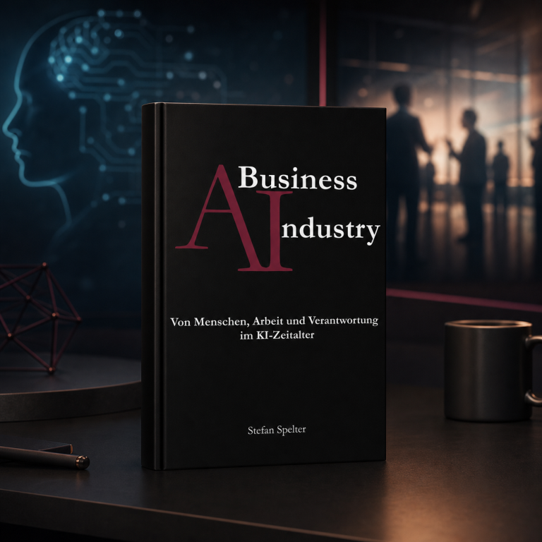 Buchcover A Business Industry von Stefan Spelter vor einer Bürokulisse
mit symbolischer KI-Darstellung