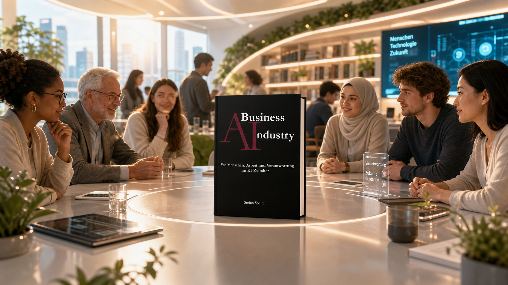 Gruppe von Personen an einem Konferenztisch mit dem Buch A Business
Industry in der Mitte