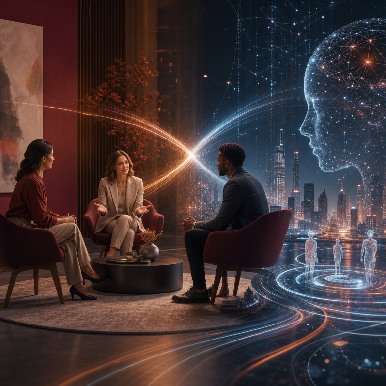 Drei Personen befinden sich im Mediationsgespräch, im Hintergrund symbolische Darstellung von
Künstlicher Intelligenz und Vernetzung